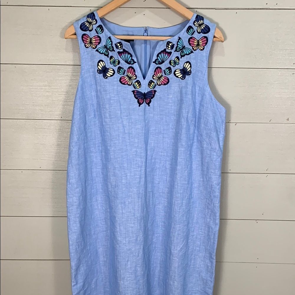 Talbots linen blend Embroidered Butterfly Sleeveless shift Dress NWT size 14